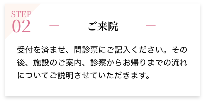 STEP02 ご来院 受付を済ませ、問診票にご記入ください。その後、施設のご案内、診察からお帰りまでの流れについてご説明させていただきます。