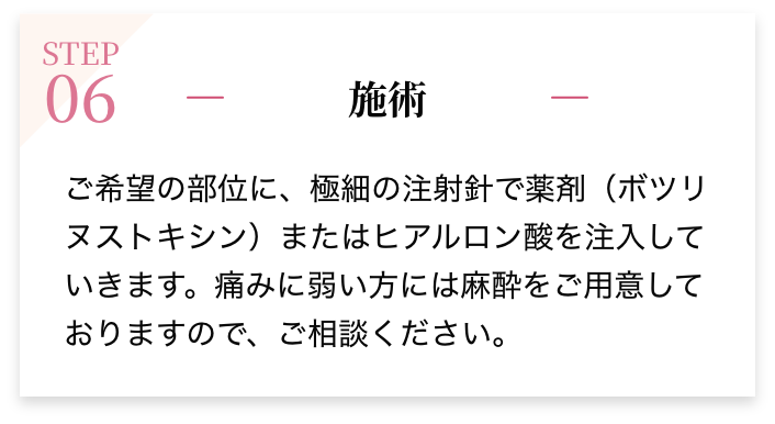 STEP06 施術 ご希望の部位に、極細の注射針で薬剤（ボツリヌストキシン）またはヒアルロン酸を注入していきます。痛みに弱い方には麻酔をご用意しておりますので、ご相談ください。