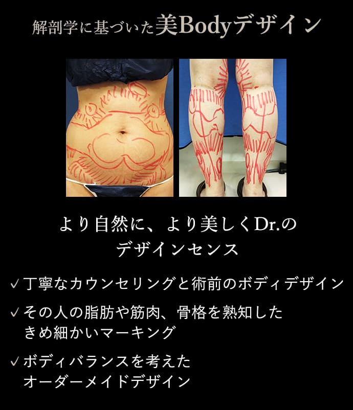 解剖学に基づいた美Bodyデザイン より自然に、より美しくDr.のデザインセンス ✓丁寧なカウンセリングと術前のボディデザイン ✓その人の脂肪や筋肉、骨格を熟知したきめ細かいマーキング ✓ボディバランスを考えたオーダーメイドデザイン