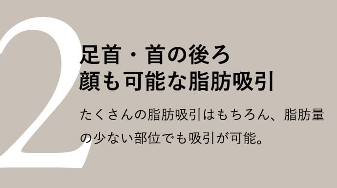 足首・首の後も可能な脂肪吸引 たくさんの脂肪吸引はもちろん、脂肪量の少ない部位でも吸引が可能。