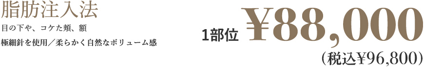 脂肪注入法 目の下や、コケた頬、額、バストやデコルテラインなど極細針を使用／柔らかく自然なボリューム感 1部位 ¥88,000